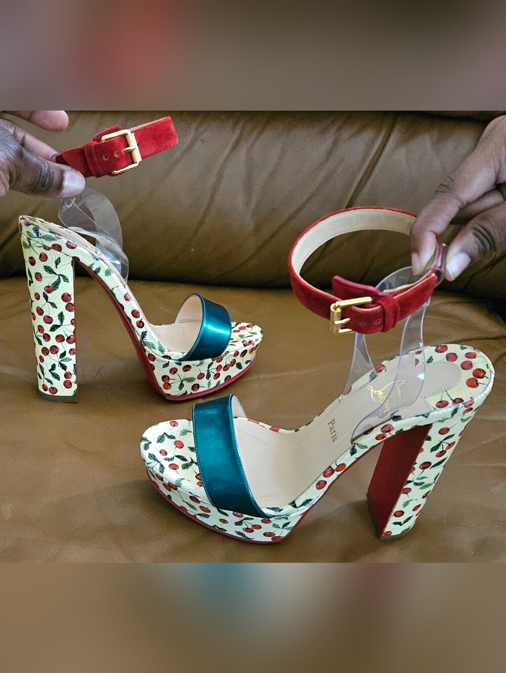 Christian Louboutin Cherry Print Platform Buckle Sandals Heels Size 4 US